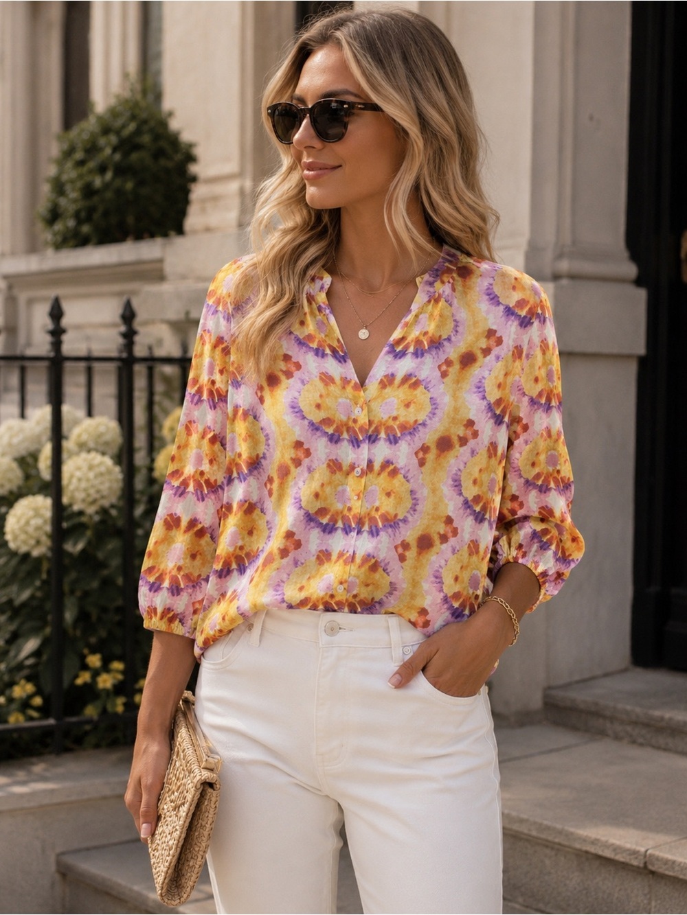 Elie Tahari Abstract Floral Button Front Blouse Yellow Purple Pink